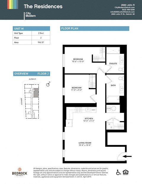 Floor plan for 2 beds, 2 baths, 946 sqft